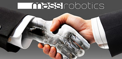 MassRobotics robotics and AI career fair graphic with a robot hand shaking a human hand