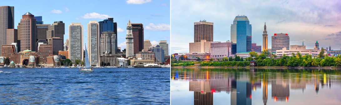 Skylines of Boston and Springfield Massachusetts